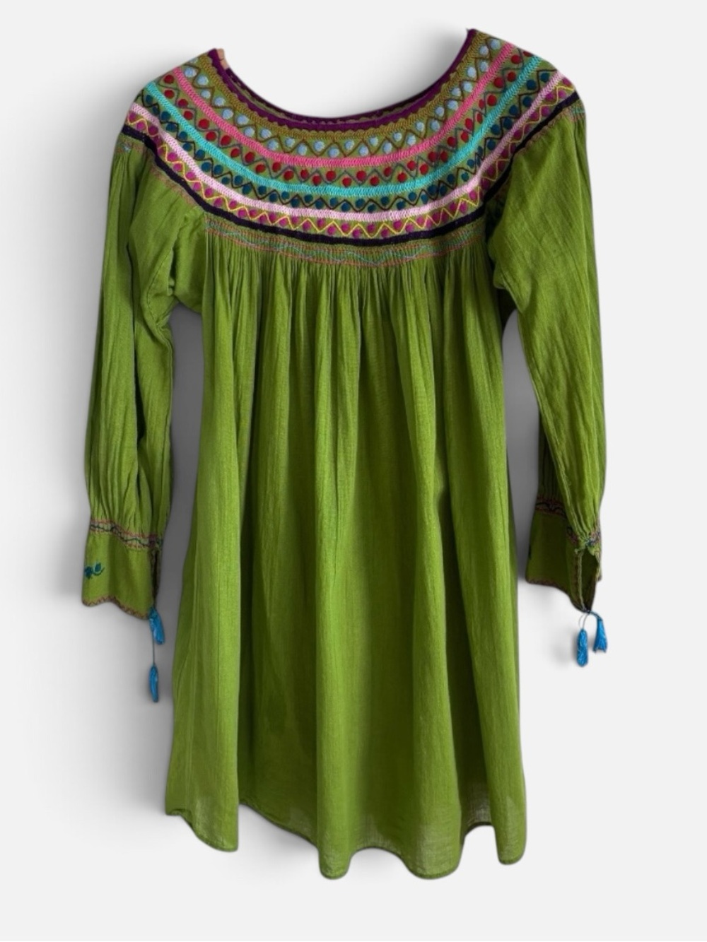 Boho Embroidered Green Cotton Gauze Folk Tunic Mini Dress Long Sleeve Peasant M